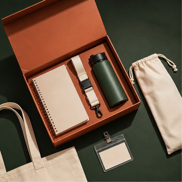 Custom corporate welcome kit with notebook, bottle, tote and acrylic badge