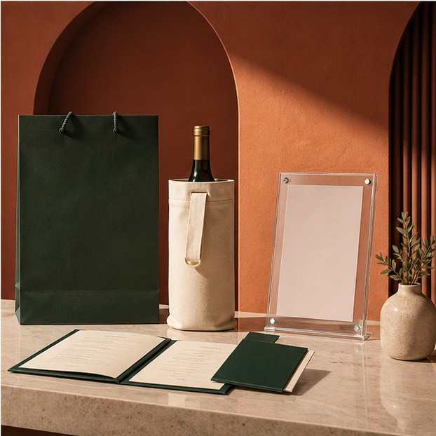 Boutique hospitality packaging with shopping bag, bottle carrier and acrylic sign