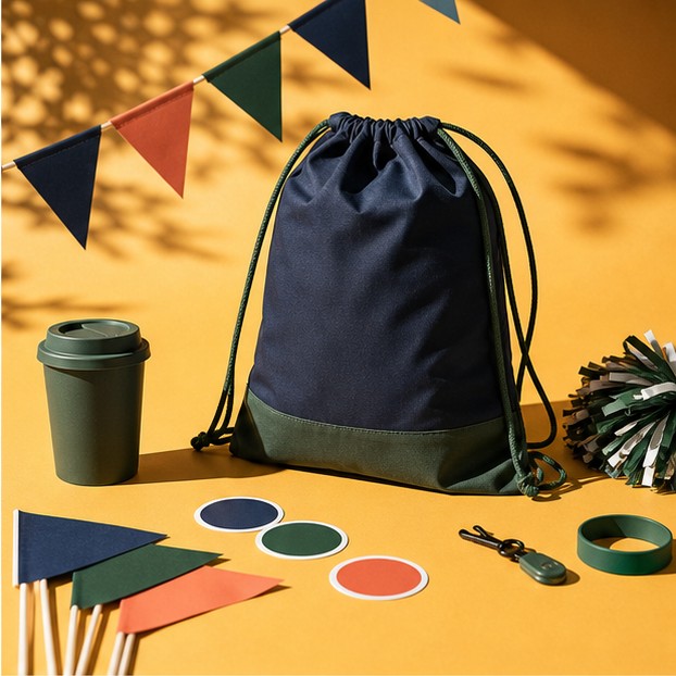 School fundraising set with drawstring bag, flags and event merchandise