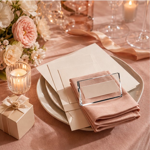 Wedding table setting with invitations, favour box and acrylic place card